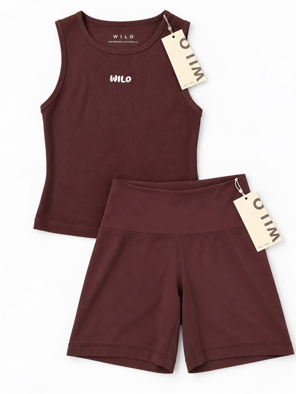 Wilo The Label Brown Ribbed Tank Top & Ruched Biker Shorts Set NWT